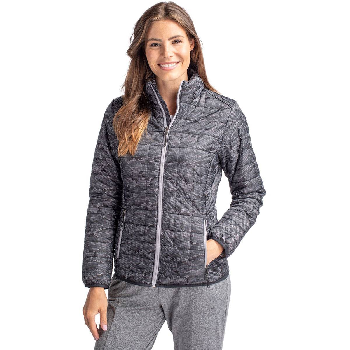 Cutter & Buck Cutter & Buck Women's Black Rainier Primaloft Eco Insulated Full Zip Printed Puffer Jacket